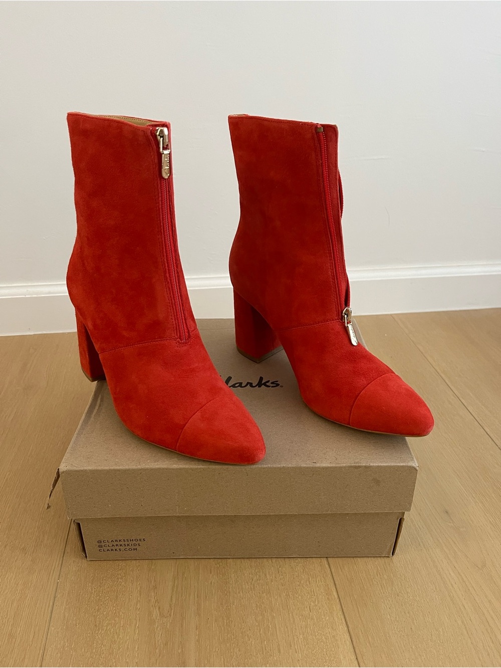 Clarks Red Suede Mid-Calf Zip Block Heel Boots